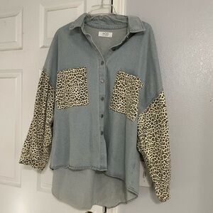 Leopard Patchwork Denim Oversized Shirt